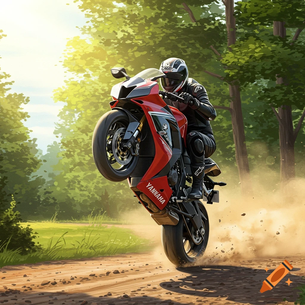 A motorcyclist doing a wheelie on a red sport bike on a dirt road.