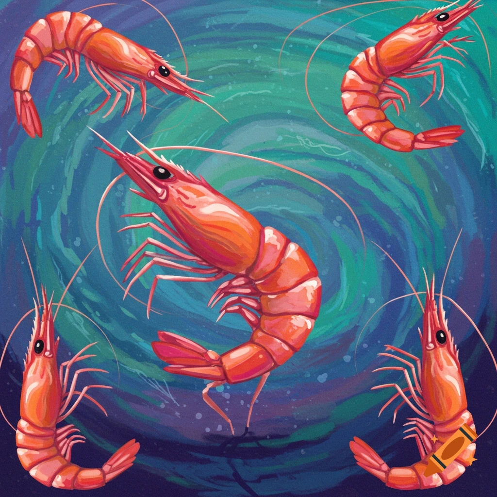 Several red shrimp swimming in swirling blue and green water.