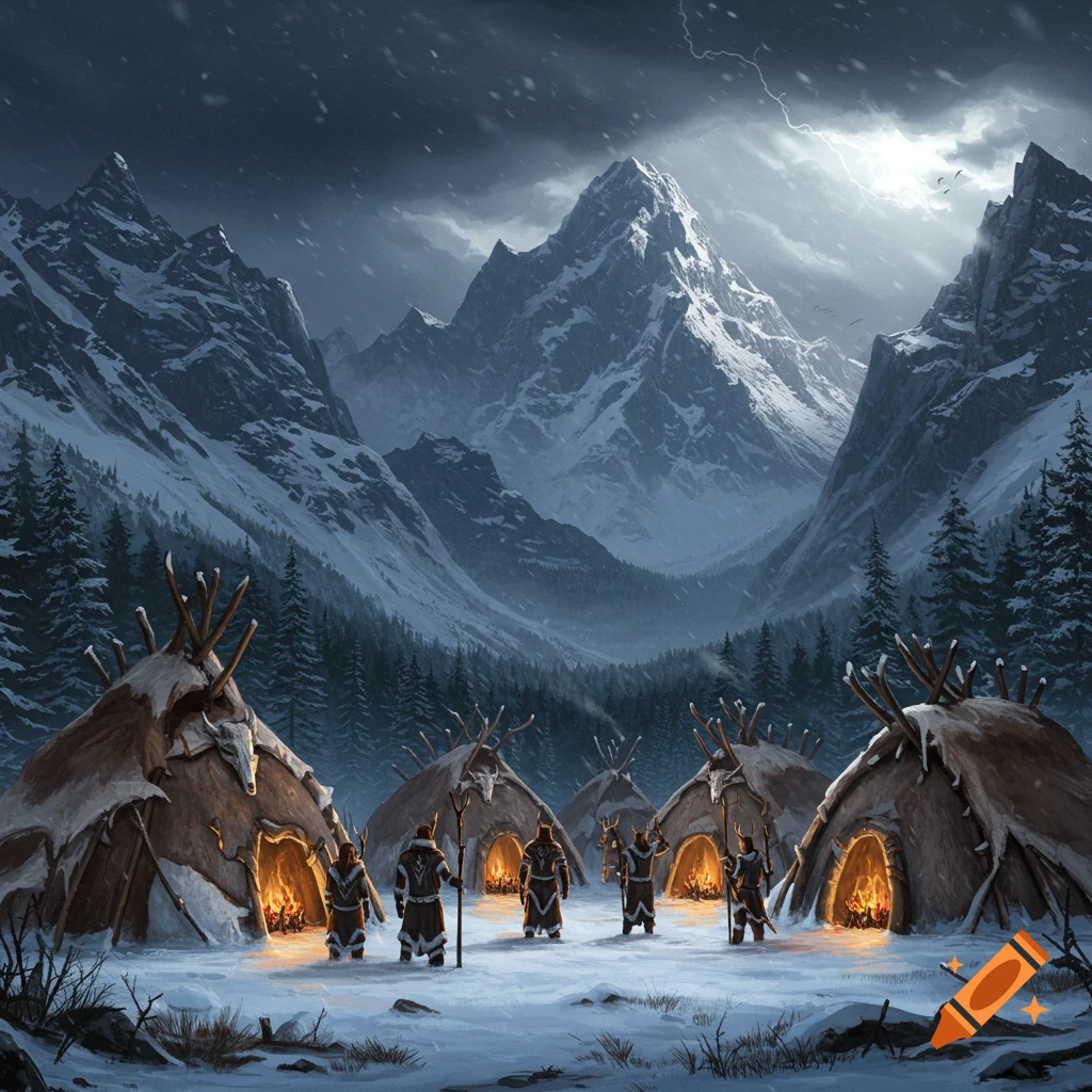 A tribal encampment in a snowy mountain valley under a stormy sky with lightning.
