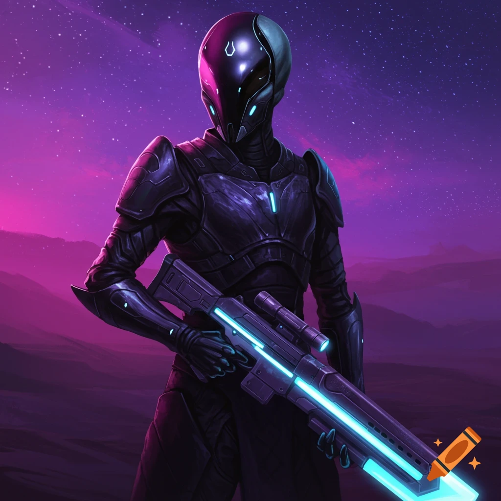 Futuristic figure in dark armor holding a glowing rifle against a purple alien sky.