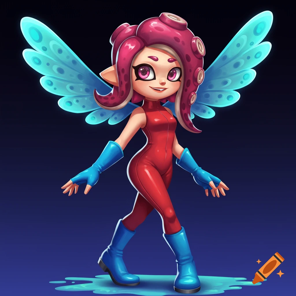 Image of an Octoling girl character from Splatoon with blue wings, red suit, and blue boots.