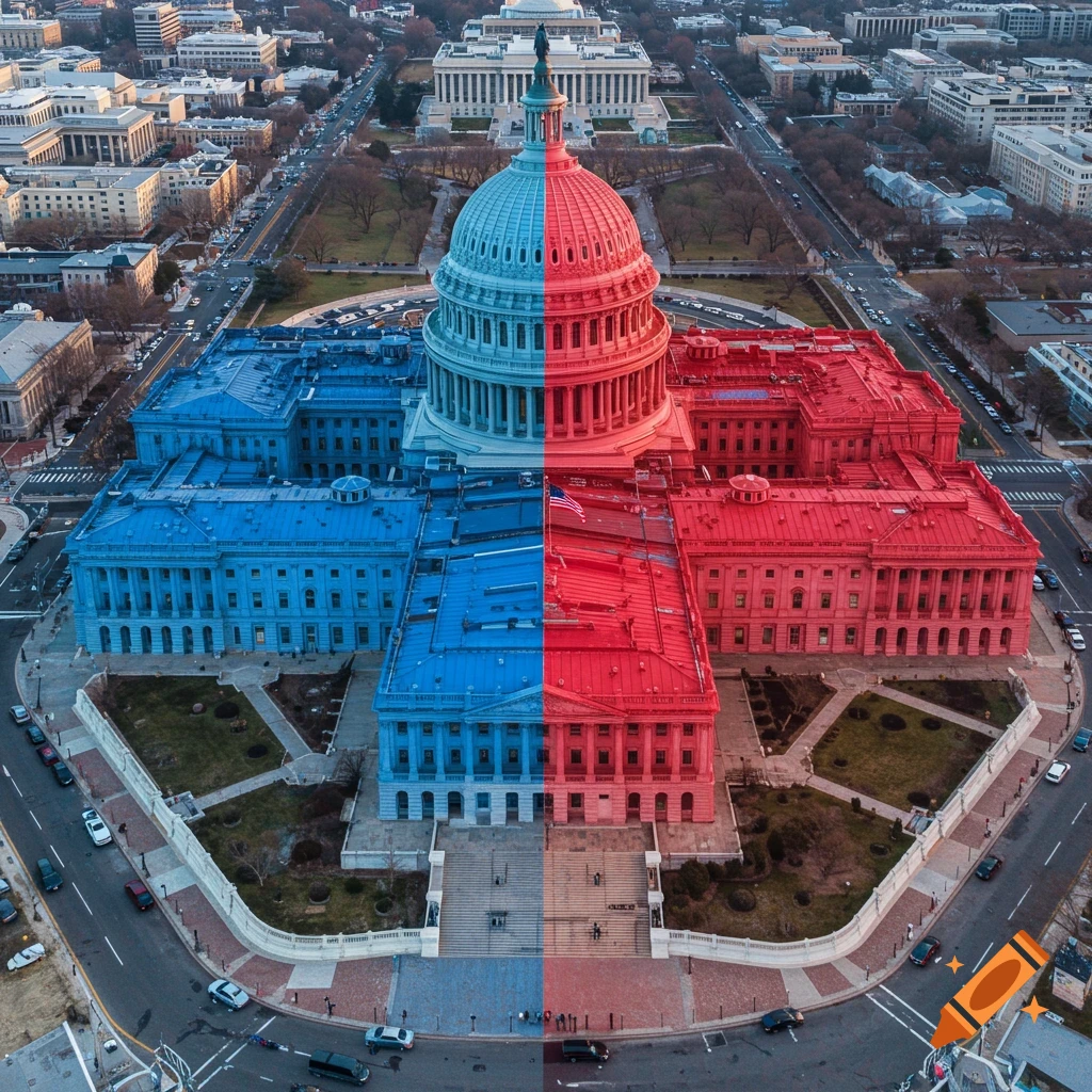Aerial view of the US Capitol building split in half, one side blue, the other red.