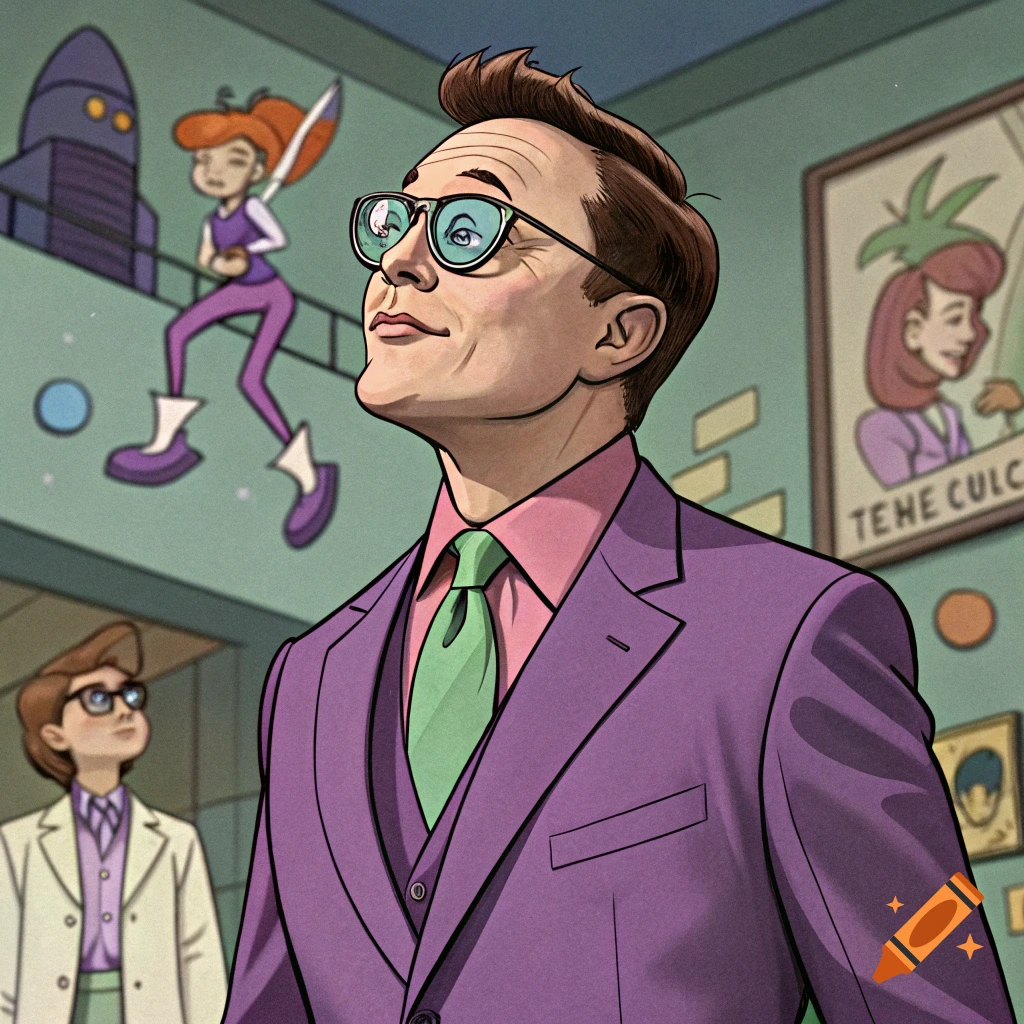 Cartoon style portrait of a man in a purple suit and glasses, with cartoon characters and a rocket in the background.