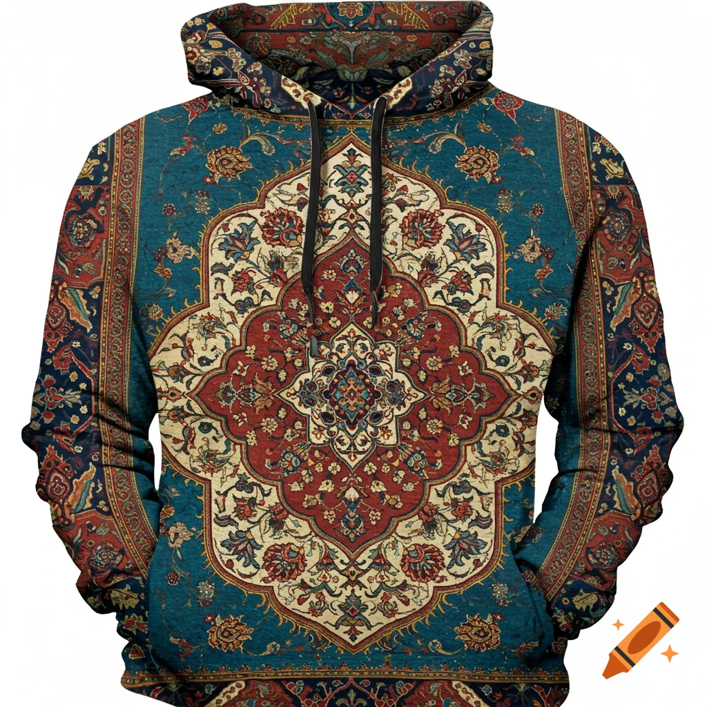 A hoodie patterned with a traditional Persian rug design.