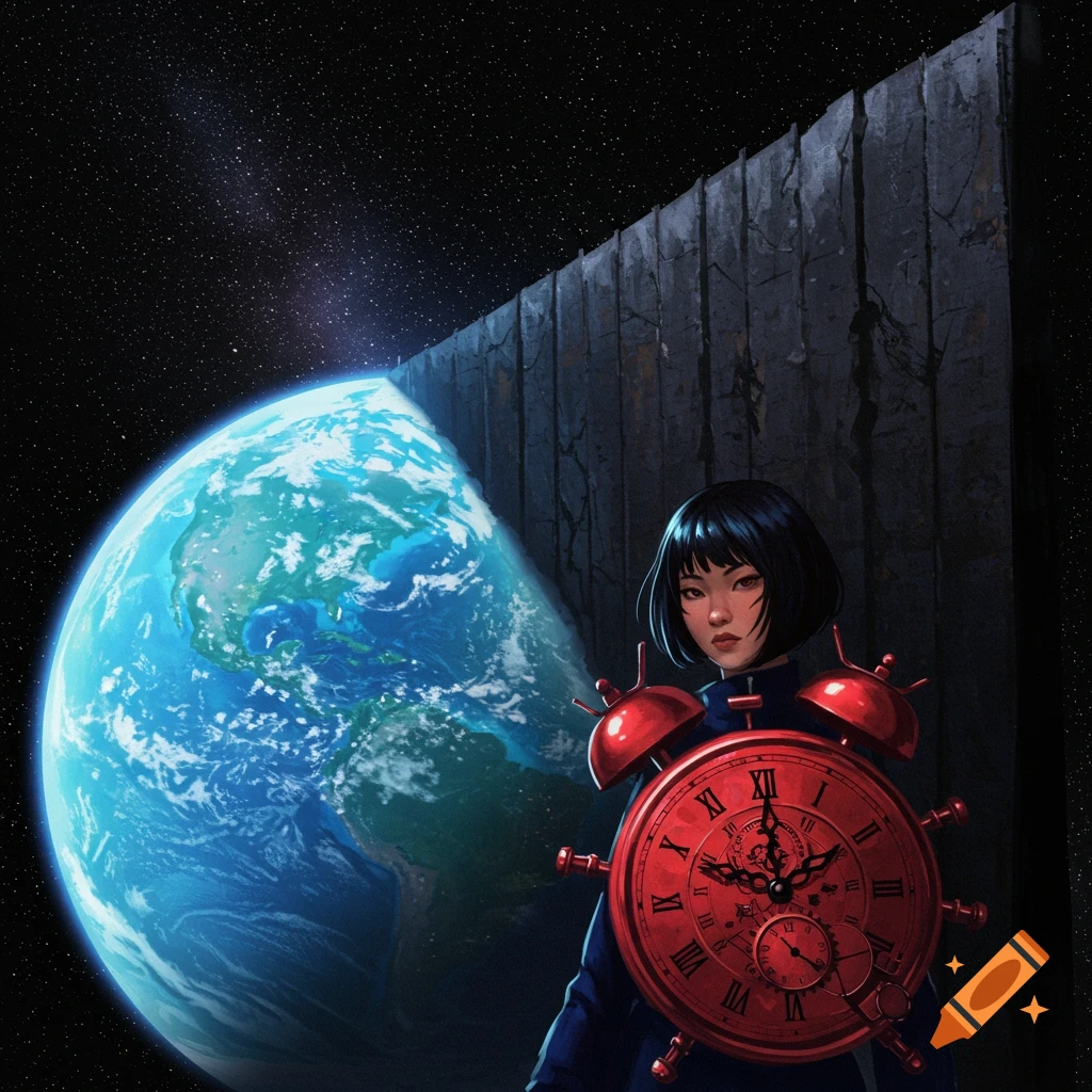 A woman with a large red clock on her chest stands between Earth and space, next to a massive wall.