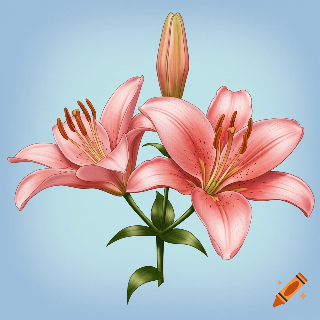 Two pink lilies and a bud on a blue background.