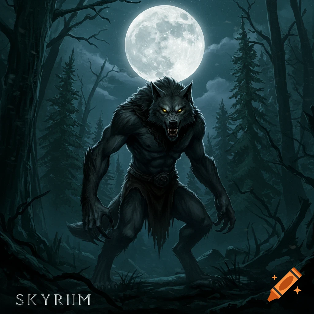 A large werewolf stands in a dark forest at night with a full moon behind it, digital art.