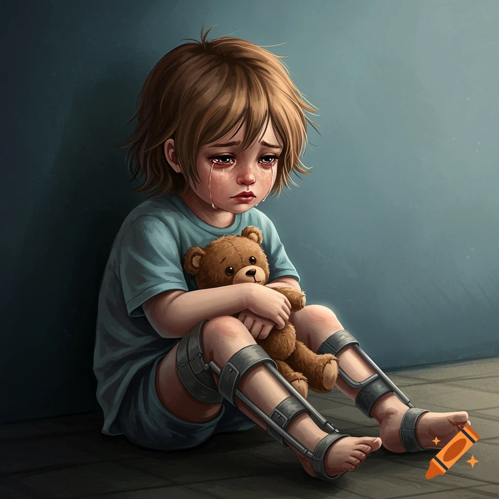 A sad child with leg braces sits on the floor, holding a teddy bear.