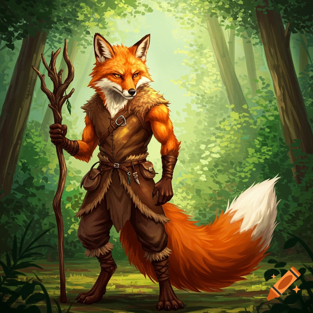 An anthropomorphic fox stands in a forest, holding a staff.