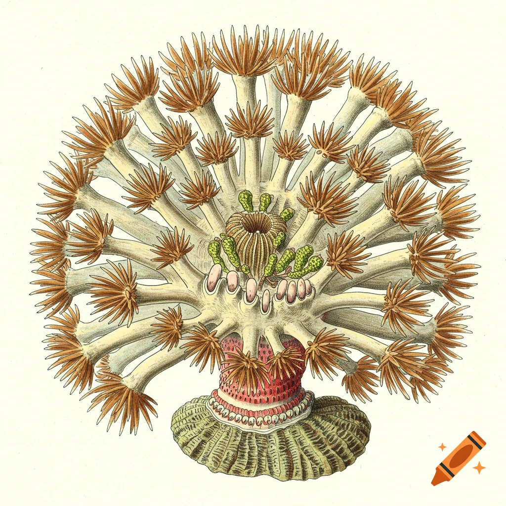 A detailed scientific drawing of a coral with extended tentacles, mouth, and base.