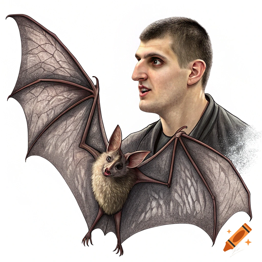 Detailed illustration of a man's head on the body of a bat.