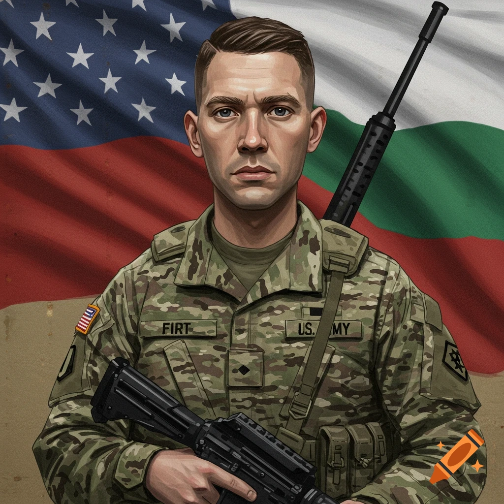 A man in a military uniform stands in front of the US flag and a red, white, and green striped flag.