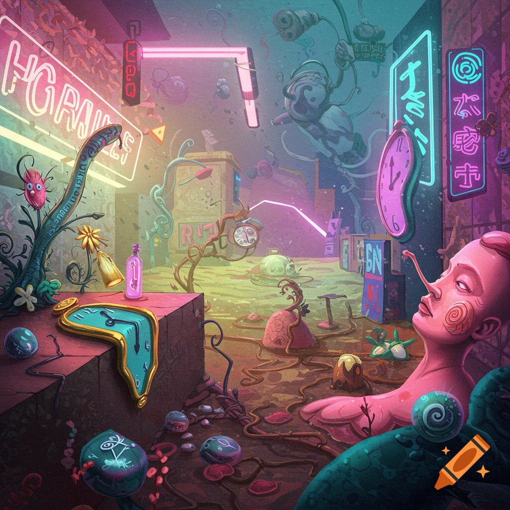 A surreal landscape with distorted figures, neon signs, and strange objects in a bizarre, melting environment in a weirdcore style.