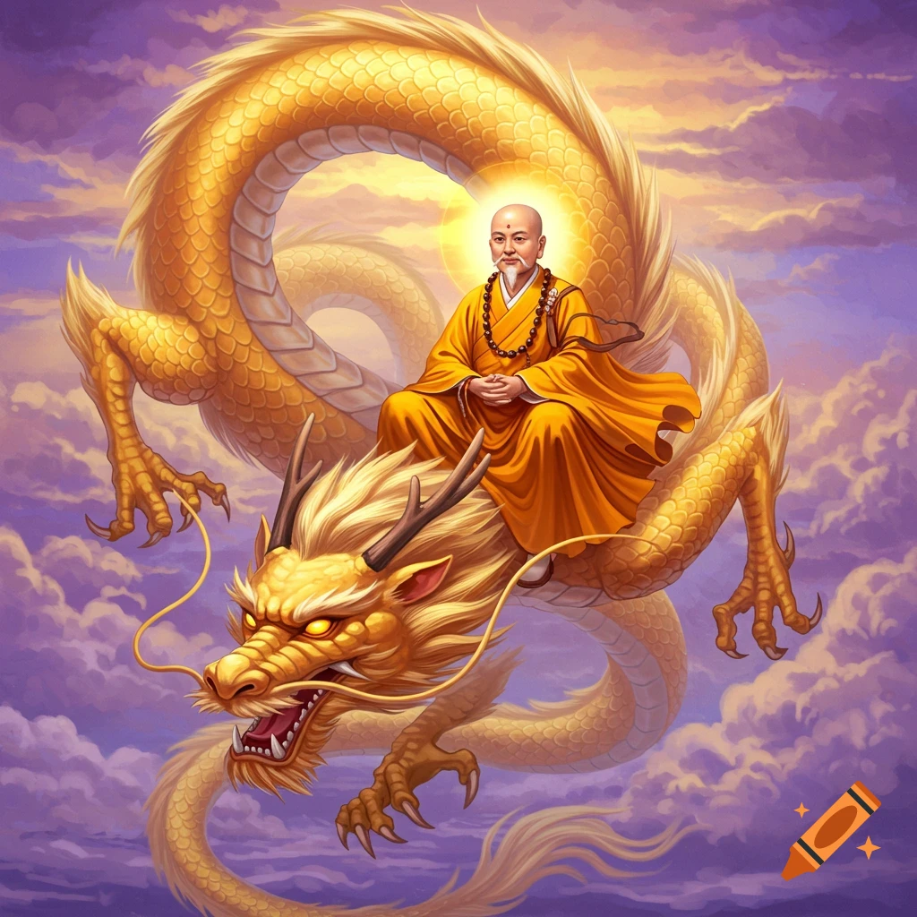 A Buddhist monk riding a golden dragon through clouds at sunset.
