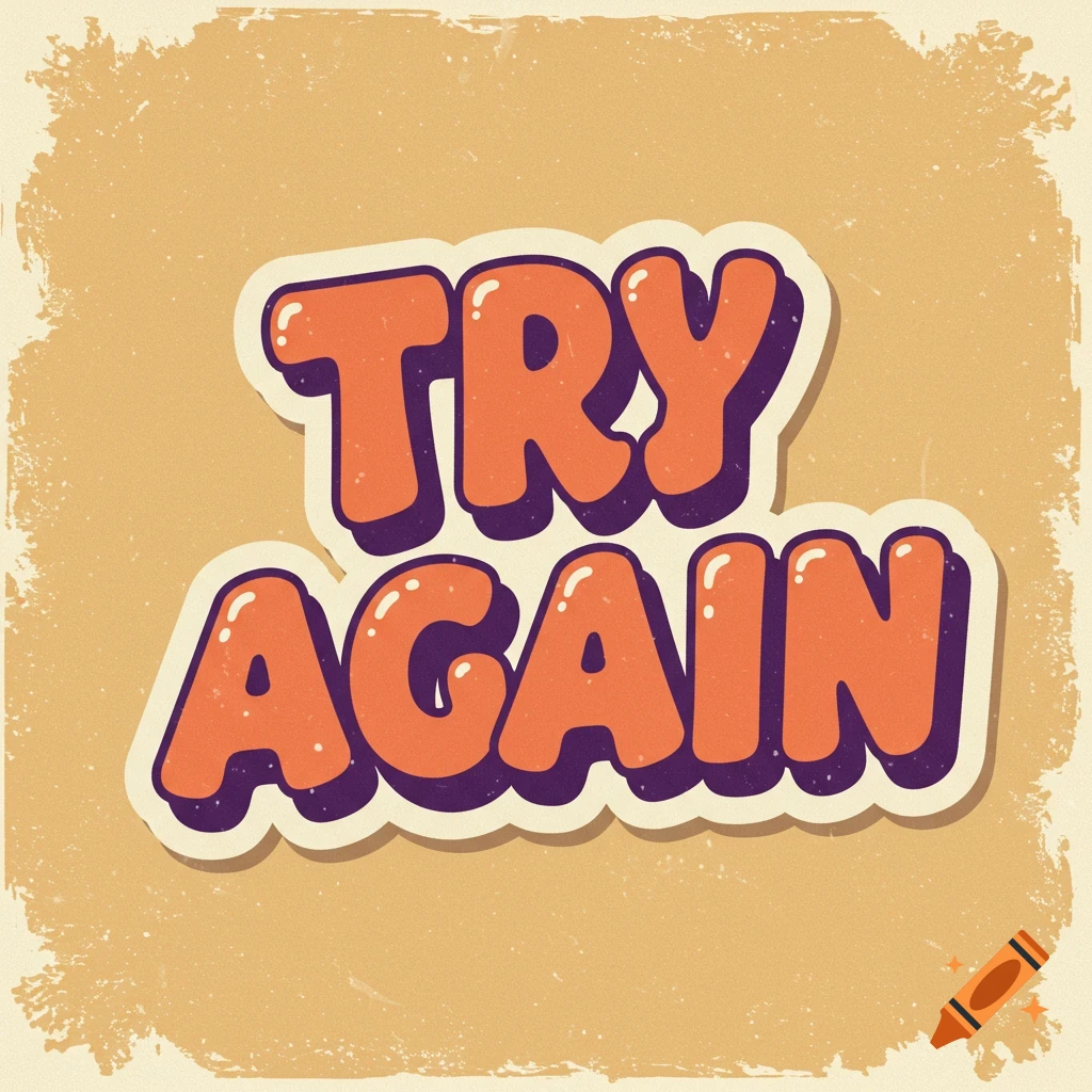Stylized orange and purple text that reads "TRY AGAIN" on a distressed light orange background, designed like a sticker.