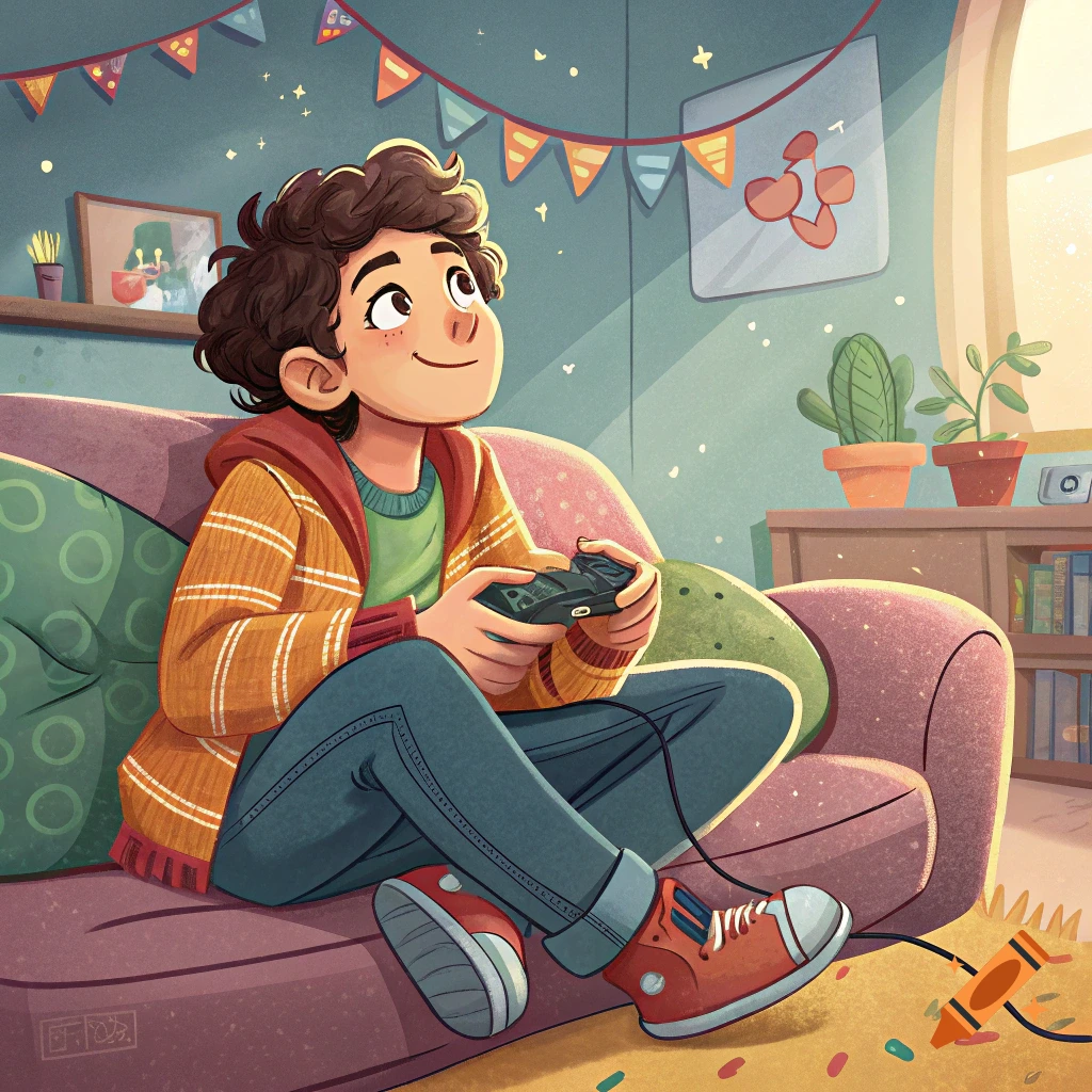 Cartoon illustration of a boy playing video games on a couch in a decorated room.