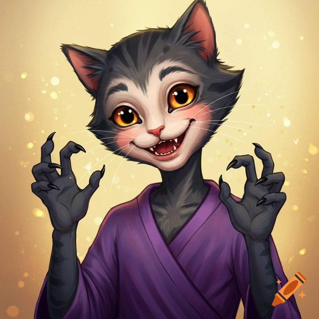 A stylized humanoid cat is depicted wearing a purple robe. The figure has large eyes and sharp claws.