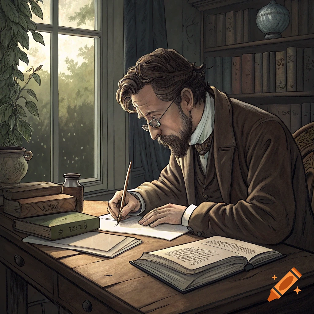 An illustration of a man with a beard and glasses writing at a desk in a room with books and a window.