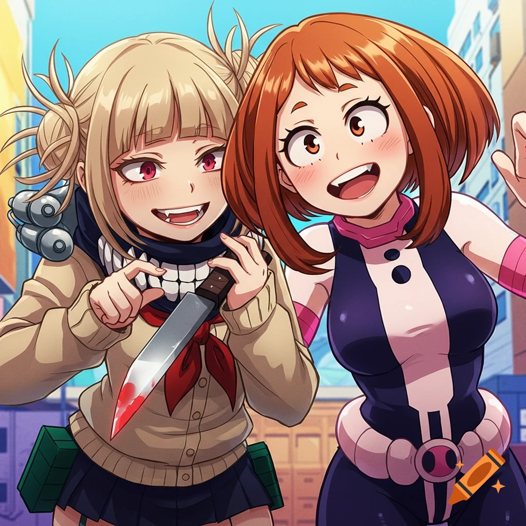 Himiko Toga holds a bloody knife while Ochako Uraraka smiles and poses outside.