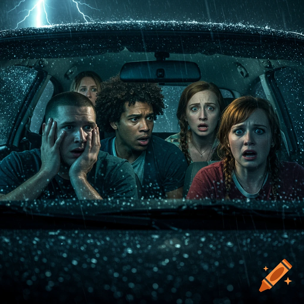 Terrified people in a car during a storm with lightning.