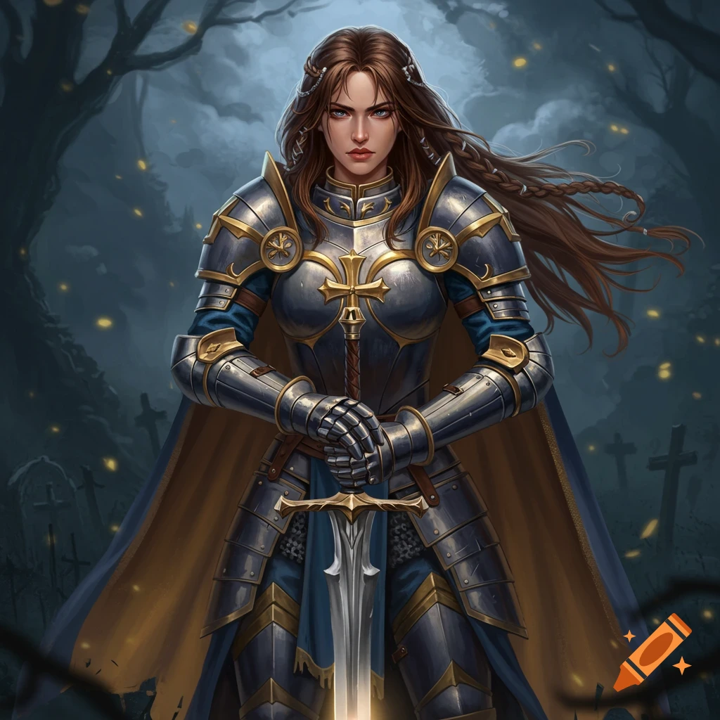 A female paladin in ornate armor holds a sword in a dark forest graveyard setting.