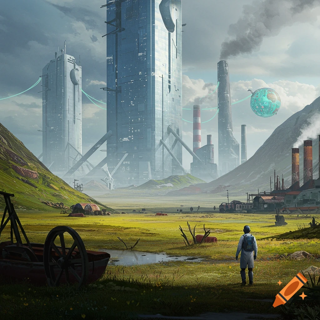 A futuristic landscape featuring towering buildings, sprawling factories, majestic mountains, an expansive field, a serene pond, and a solitary figure.