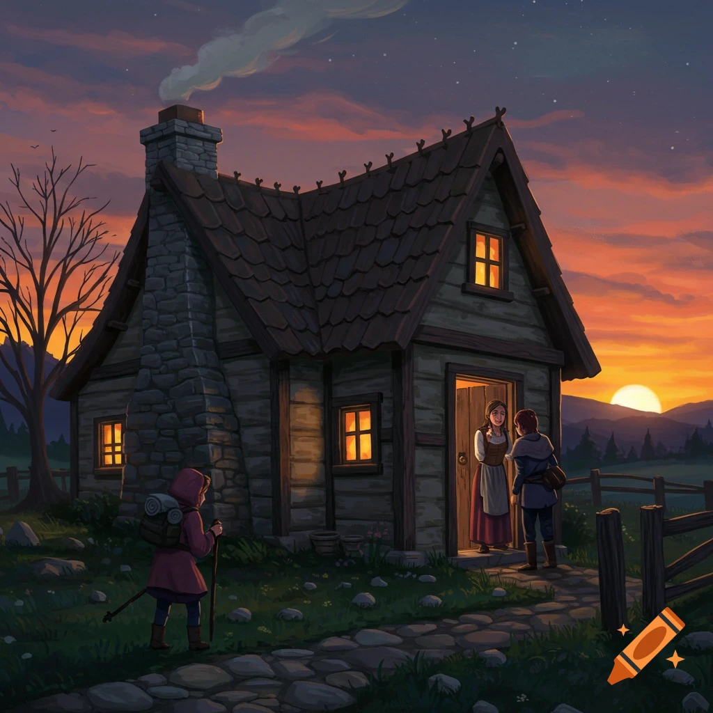 A traveler approaching a rustic cottage at sunset, where a woman stands in the doorway.