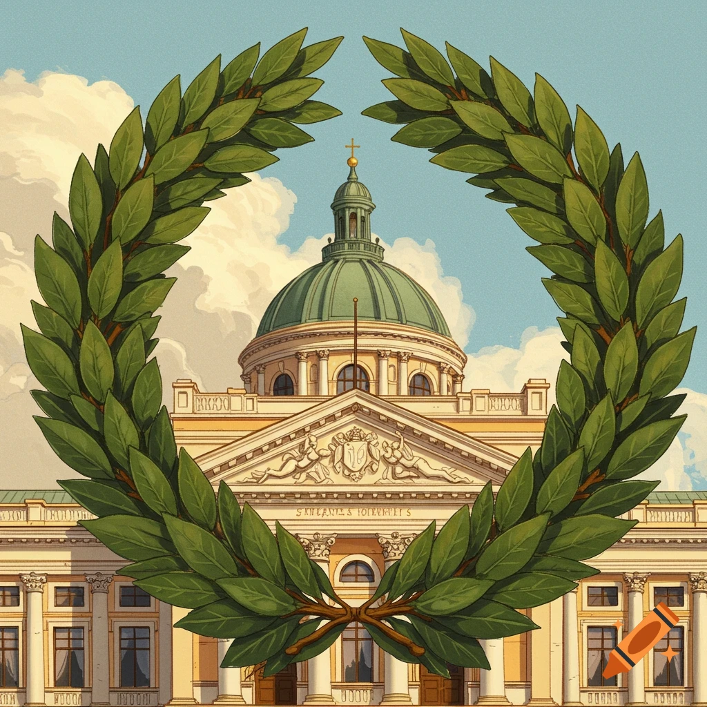 A classical building with a dome, framed by a green laurel wreath.
