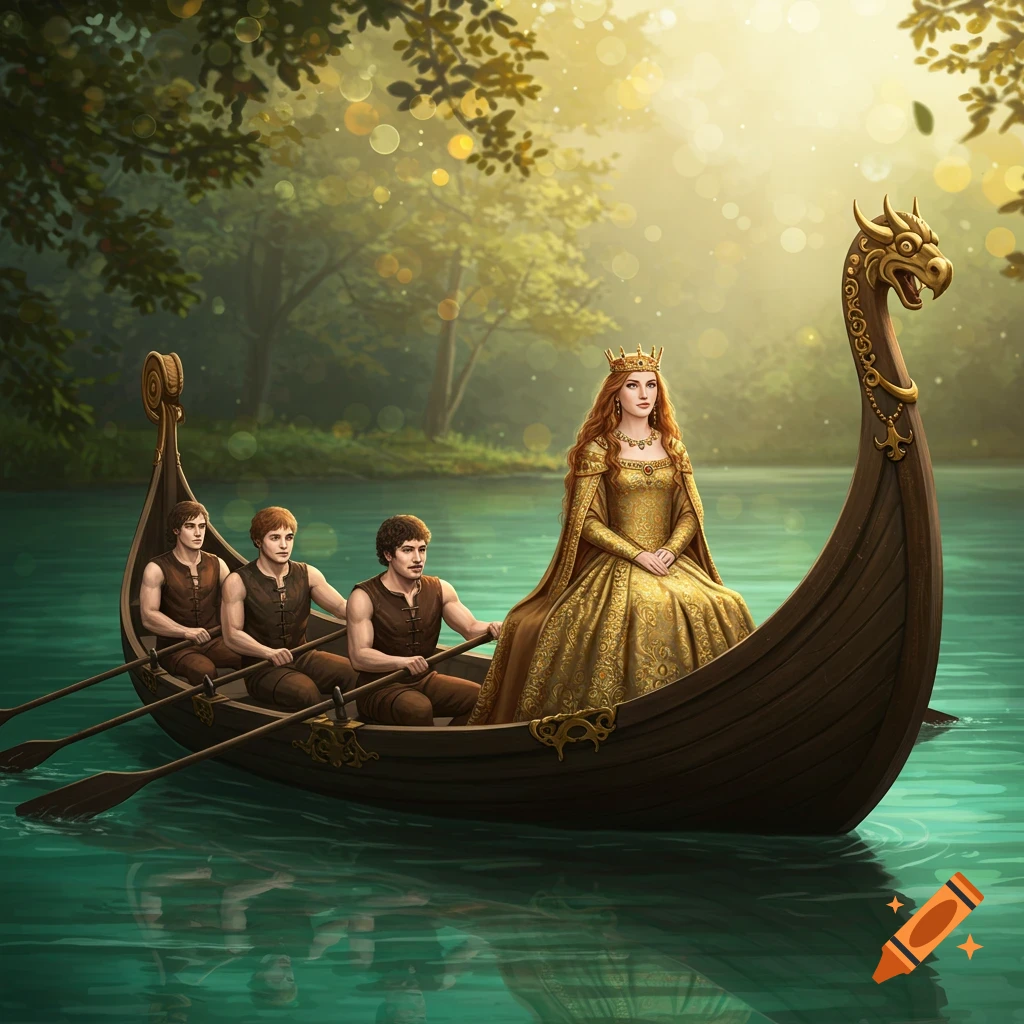 A medieval queen and three men in a boat on a lake.