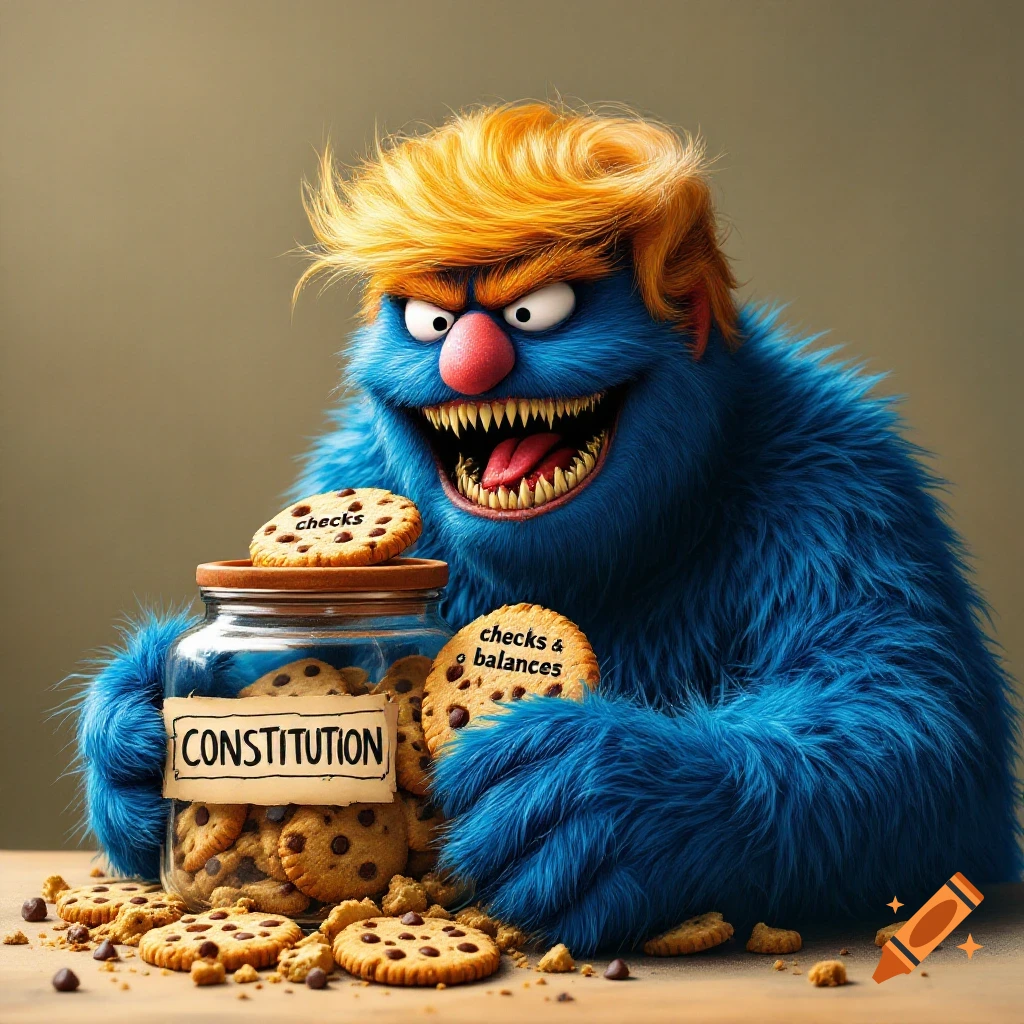 Blue furry monster with orange hair eating cookies labeled 'checks & balances' from a jar labeled 'CONSTITUTION'.