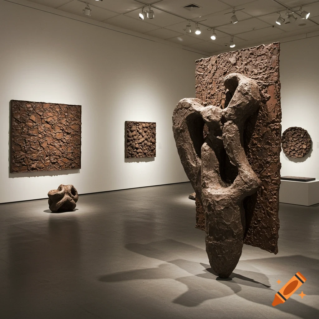 Abstract brown sculptures in an art gallery.