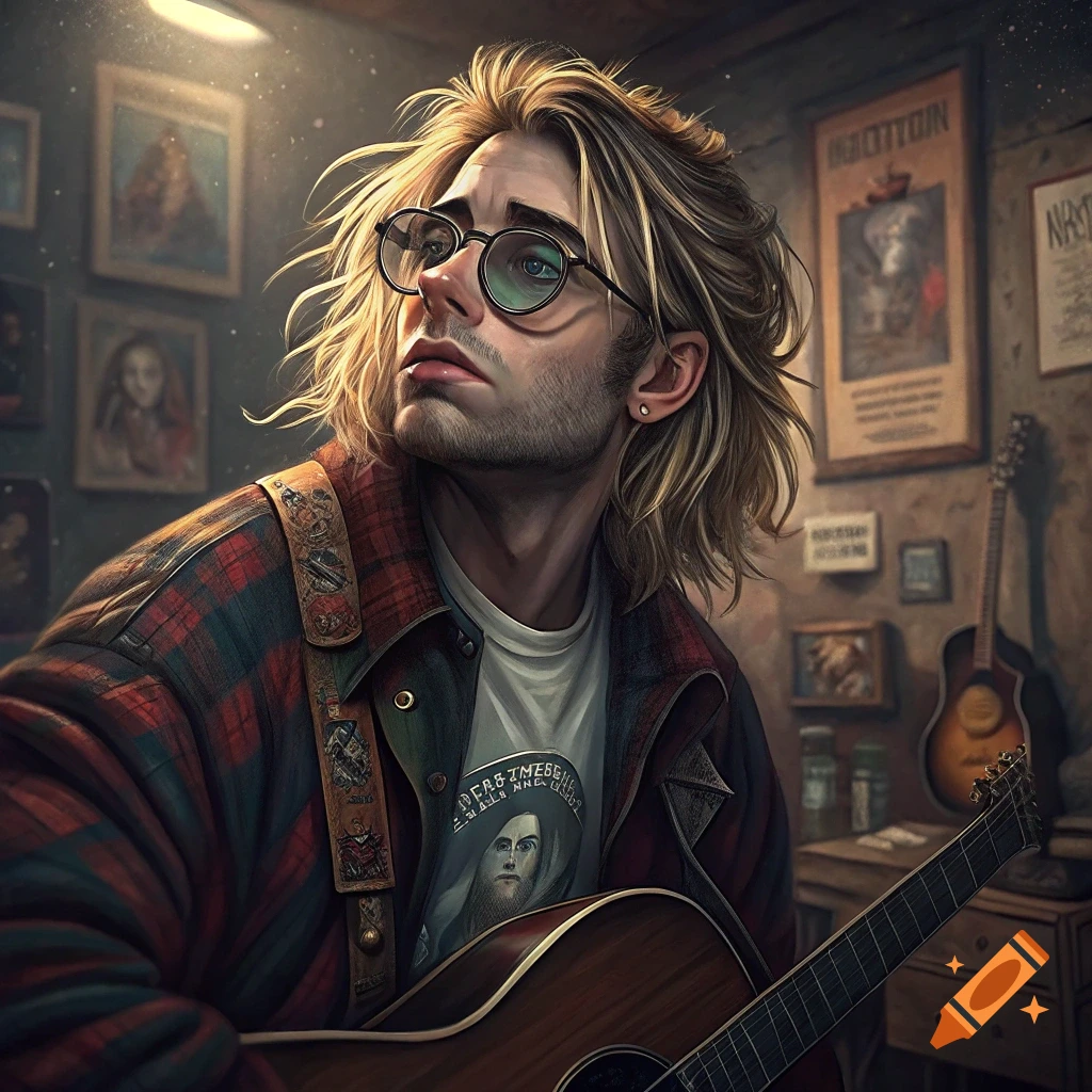 A man with long blonde hair, glasses, and a plaid shirt playing an acoustic guitar in a room with posters on the wall.