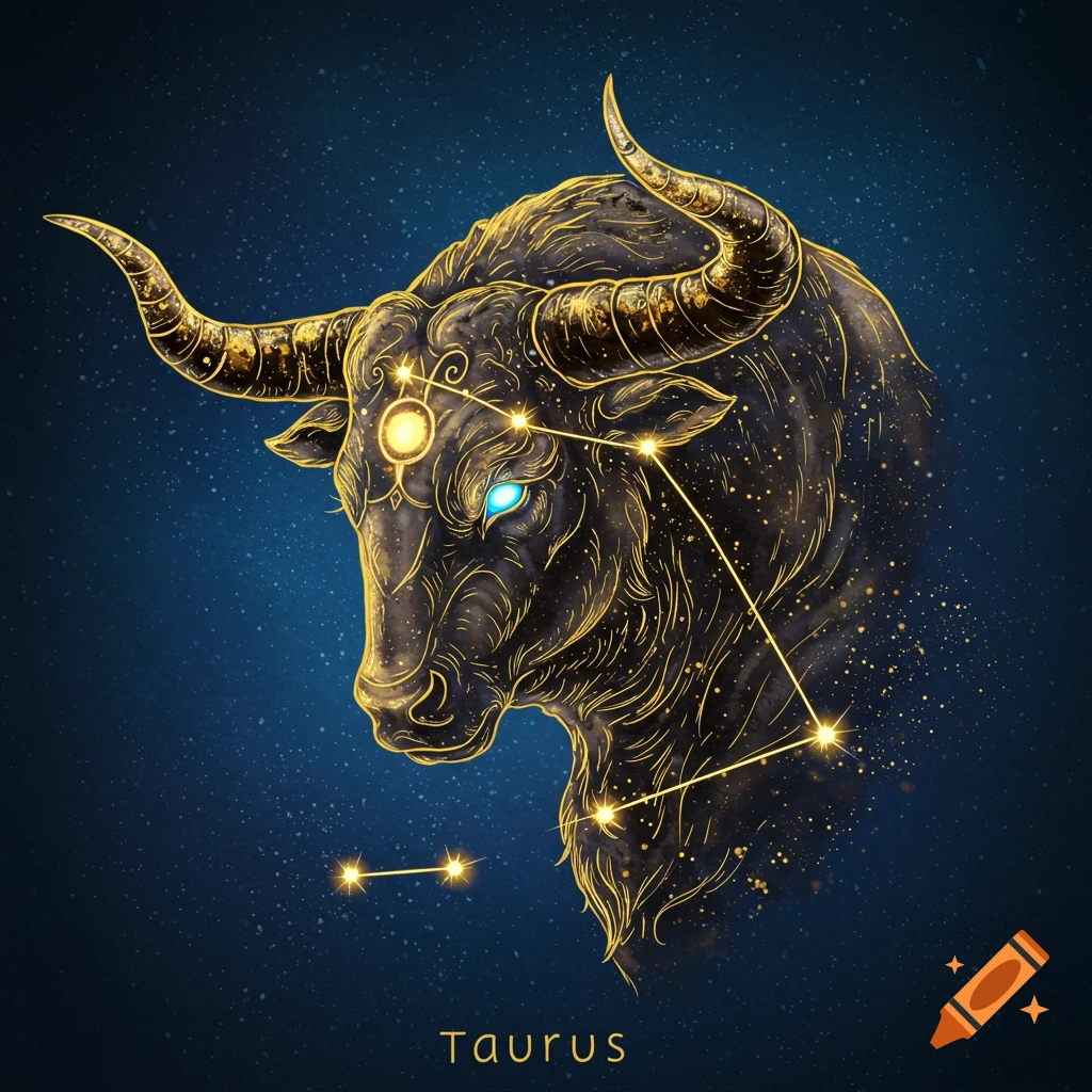 A stylized Taurus bull head with constellation lines on a starry background.