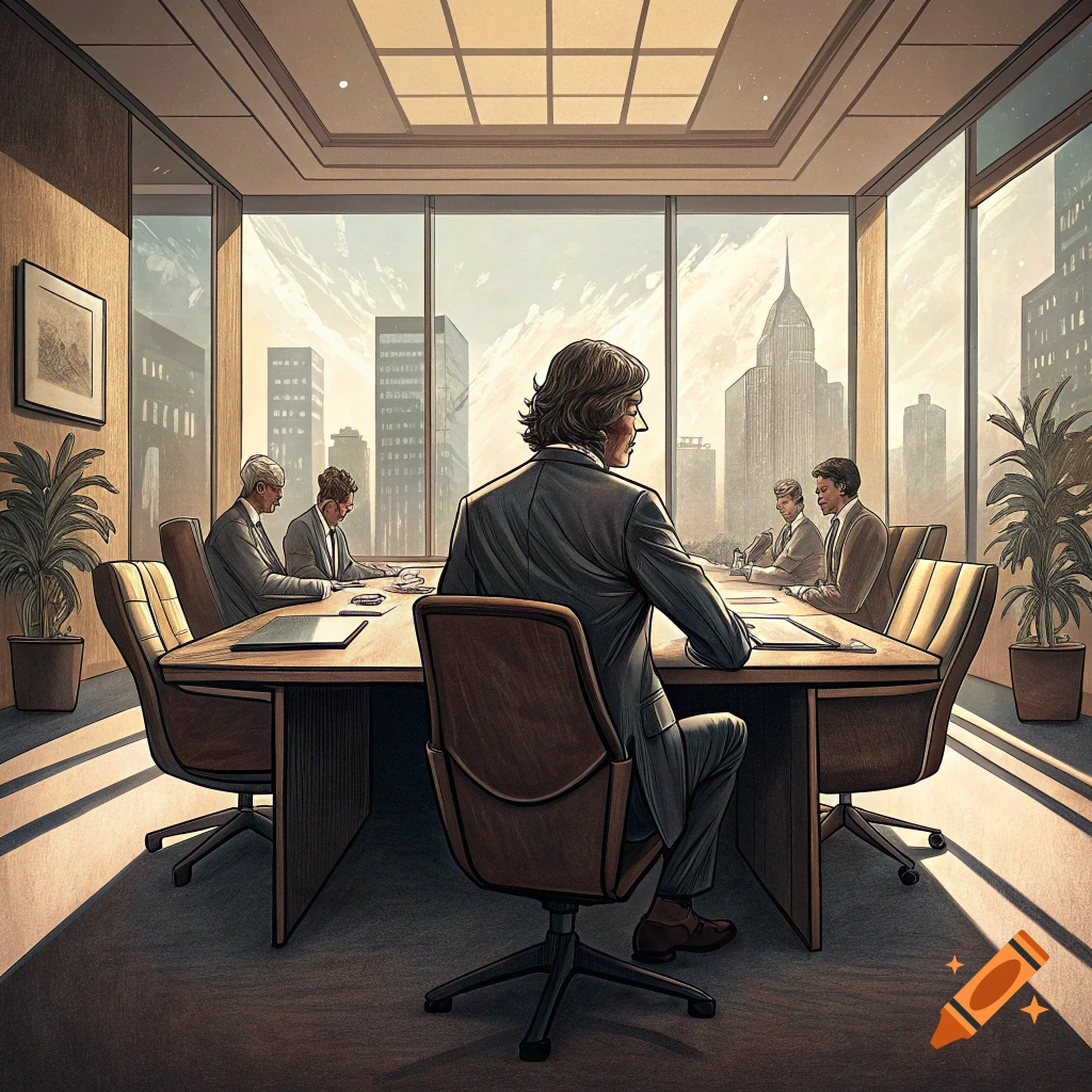 Businessmen meet at a conference table in a boardroom overlooking a city skyline.