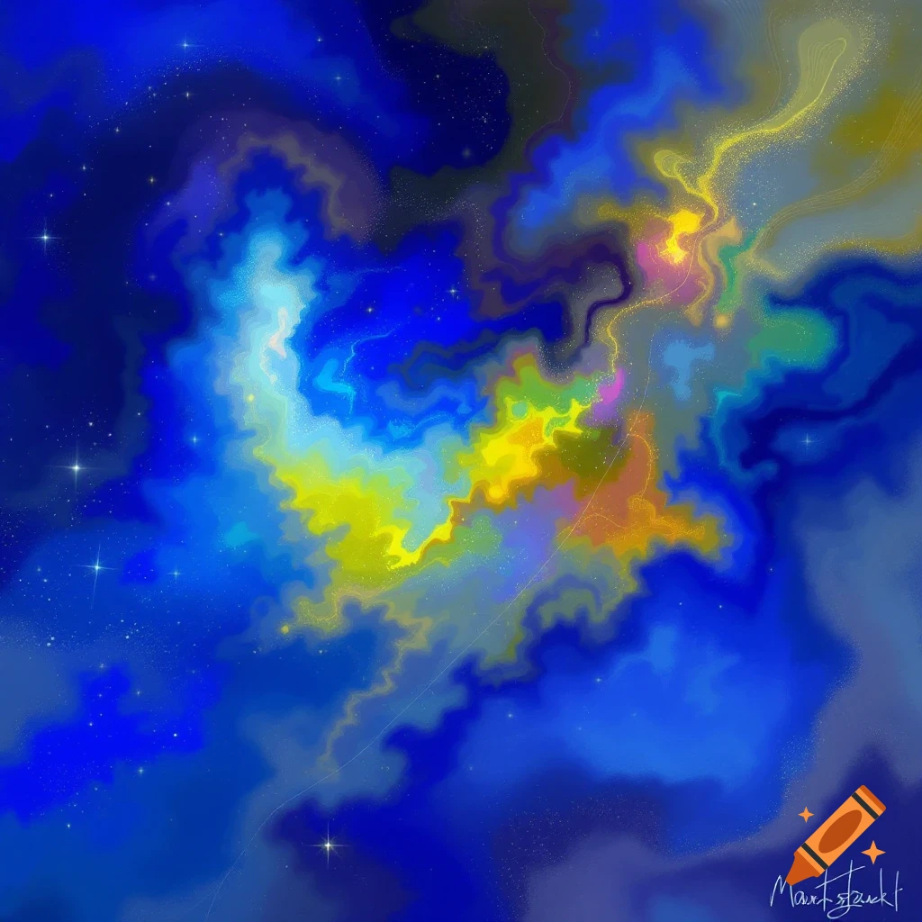 Abstract of a vibrant blue, yellow, and pink nebula in space with stars.
