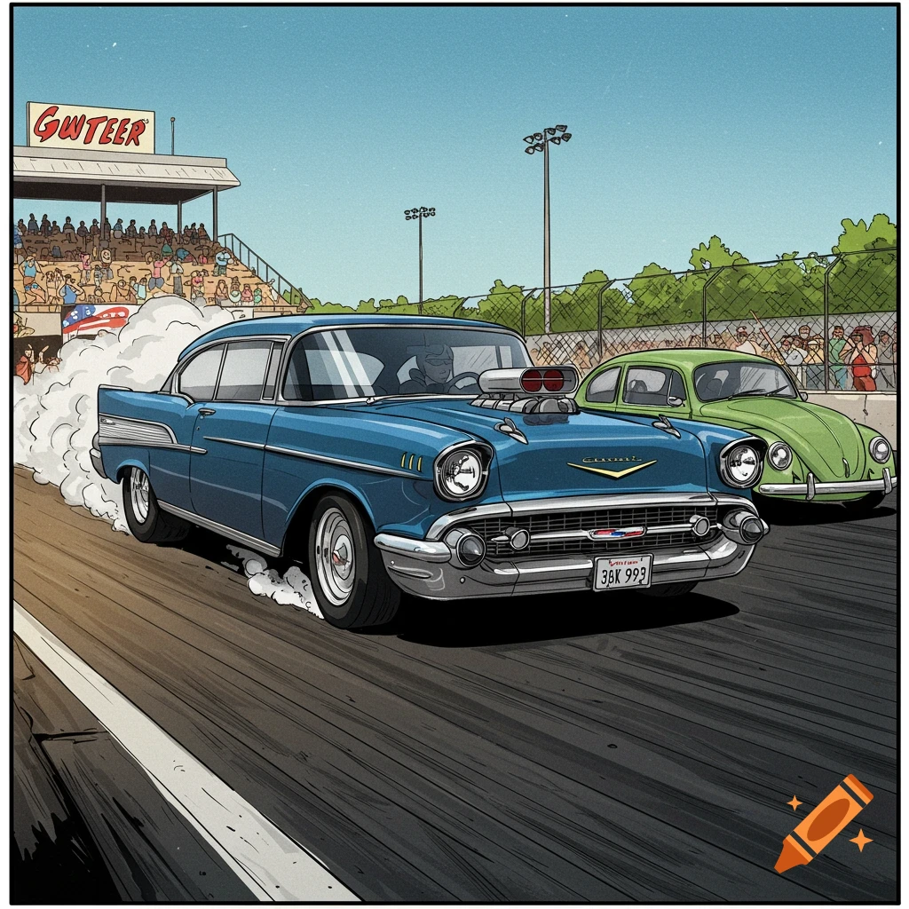 a blue 1957 Chevrolet Bel Air and a green Volkswagen Beetle drag racing, with smoke from the tires.