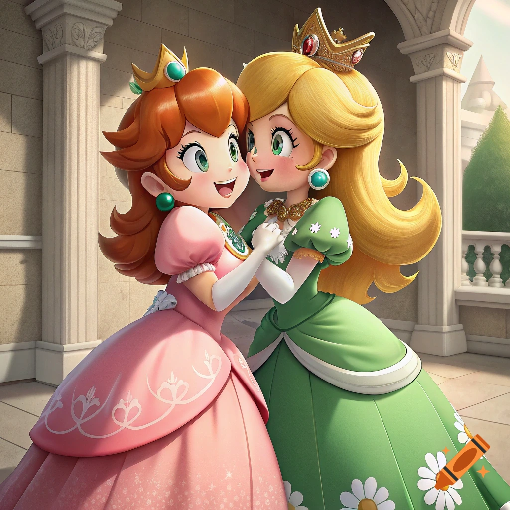 Princess Peach in pink and Princess Daisy in green embracing in a palace setting.