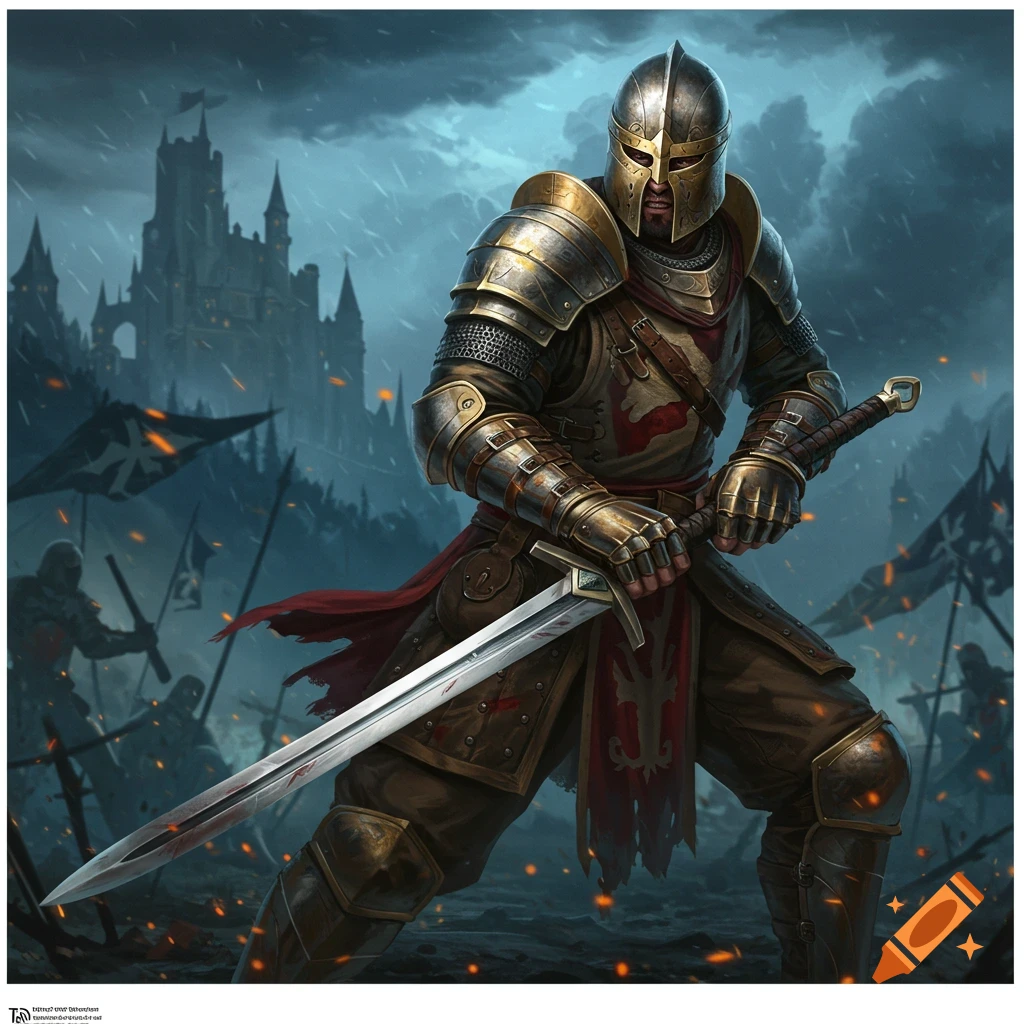 A knight in armor holds a sword during a battle.