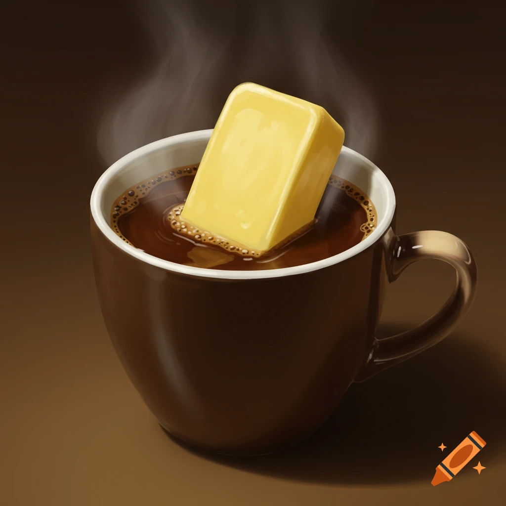 A stick of butter sticking out of a brown cup of coffee.