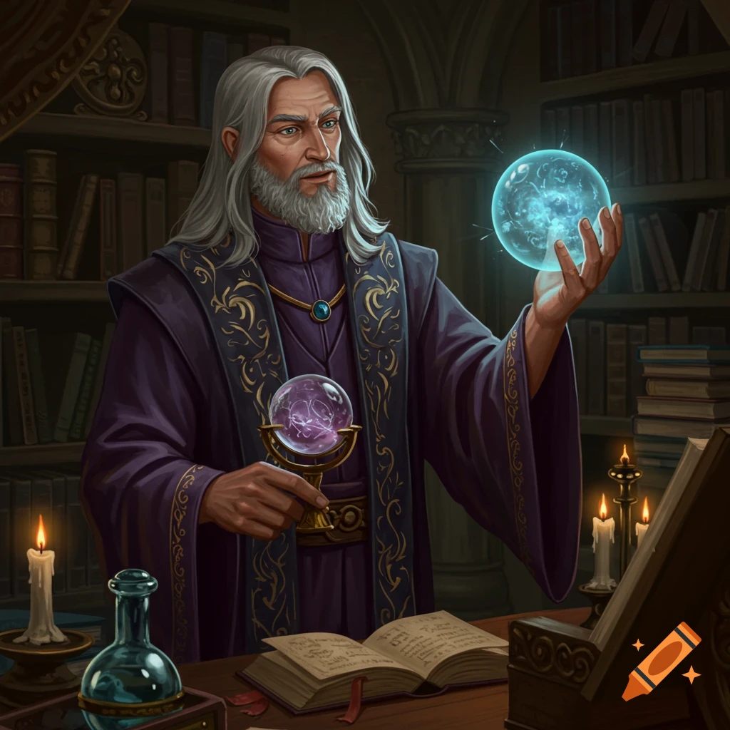 A wizard in a study holding glowing orbs.