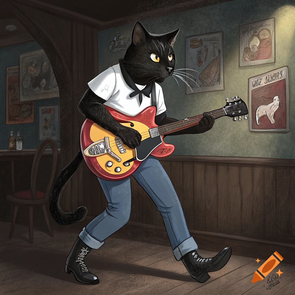 A black cat dressed in a white shirt, tie, and jeans plays an electric guitar in a bar.