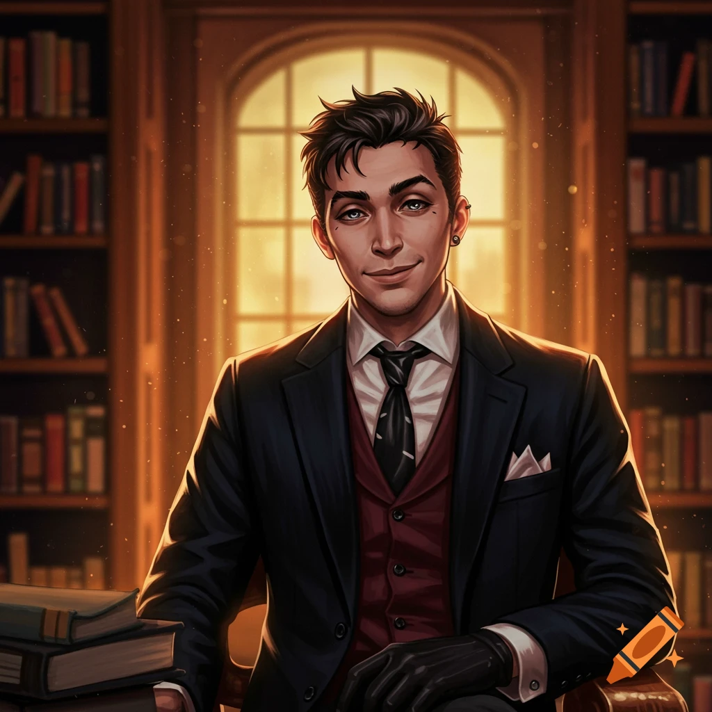 A man in a suit sitting in a library, looking forward and smiling.