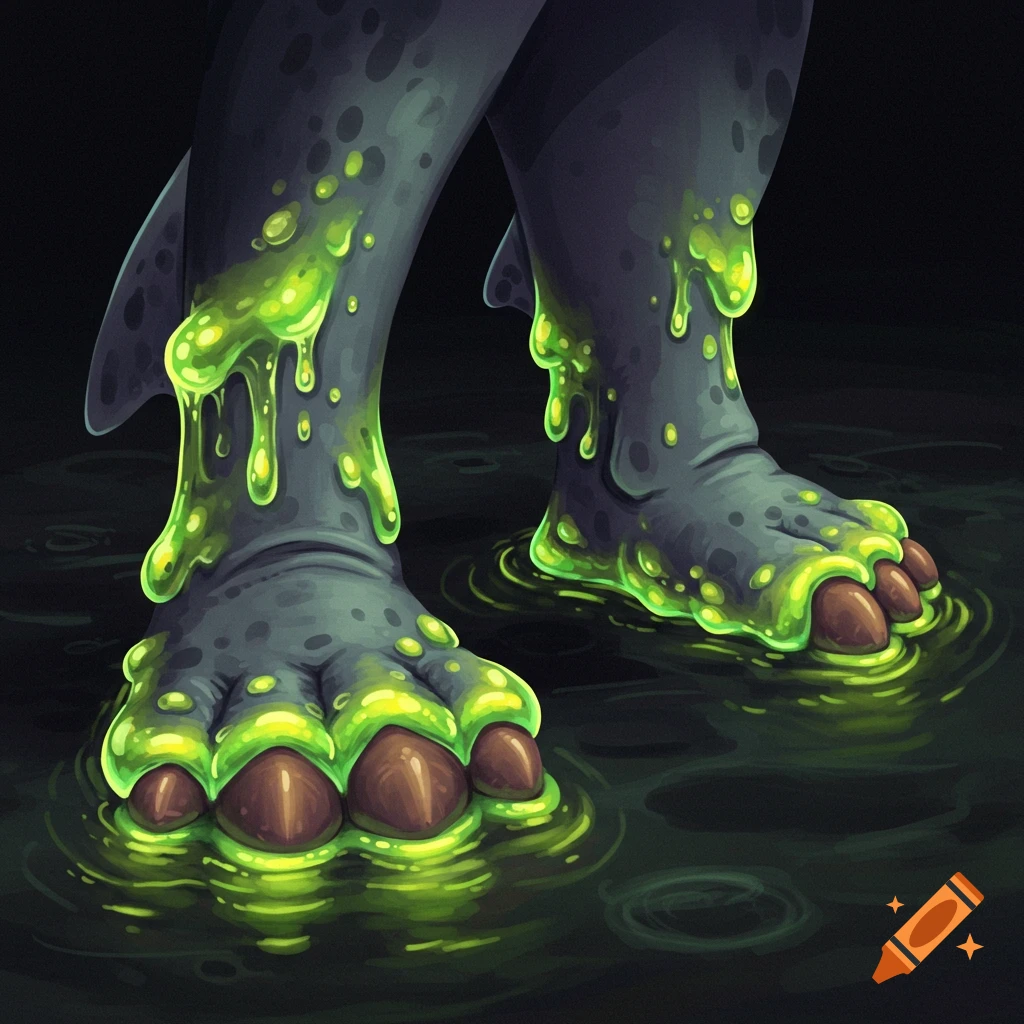 Monstrous feet covered in glowing green slime stand in dark liquid.