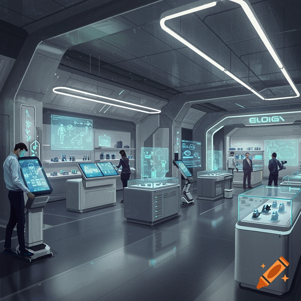 A futuristic retail store interior with glowing screens, display cases, and customers.