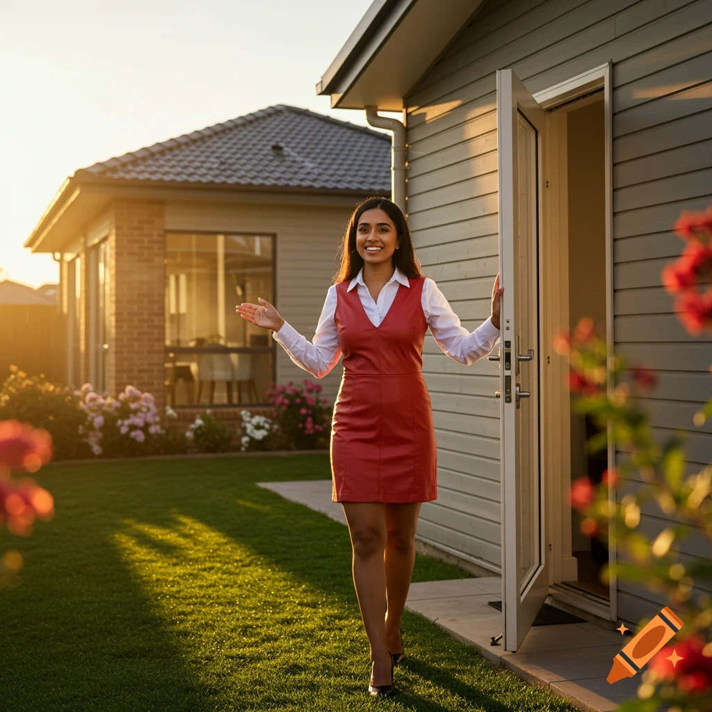 A female real estate agent in a red dress stands in a garden, gesturing towards a house.