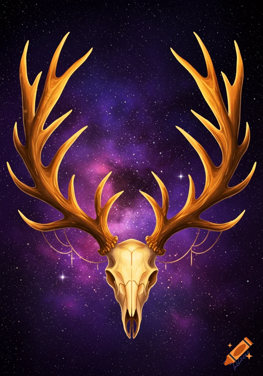 A deer skull with golden antlers against a purple and pink galaxy background