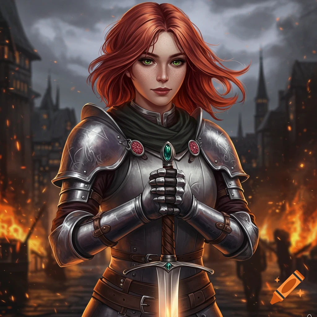 A red-haired woman in armor holds a glowing sword in a burning medieval town.