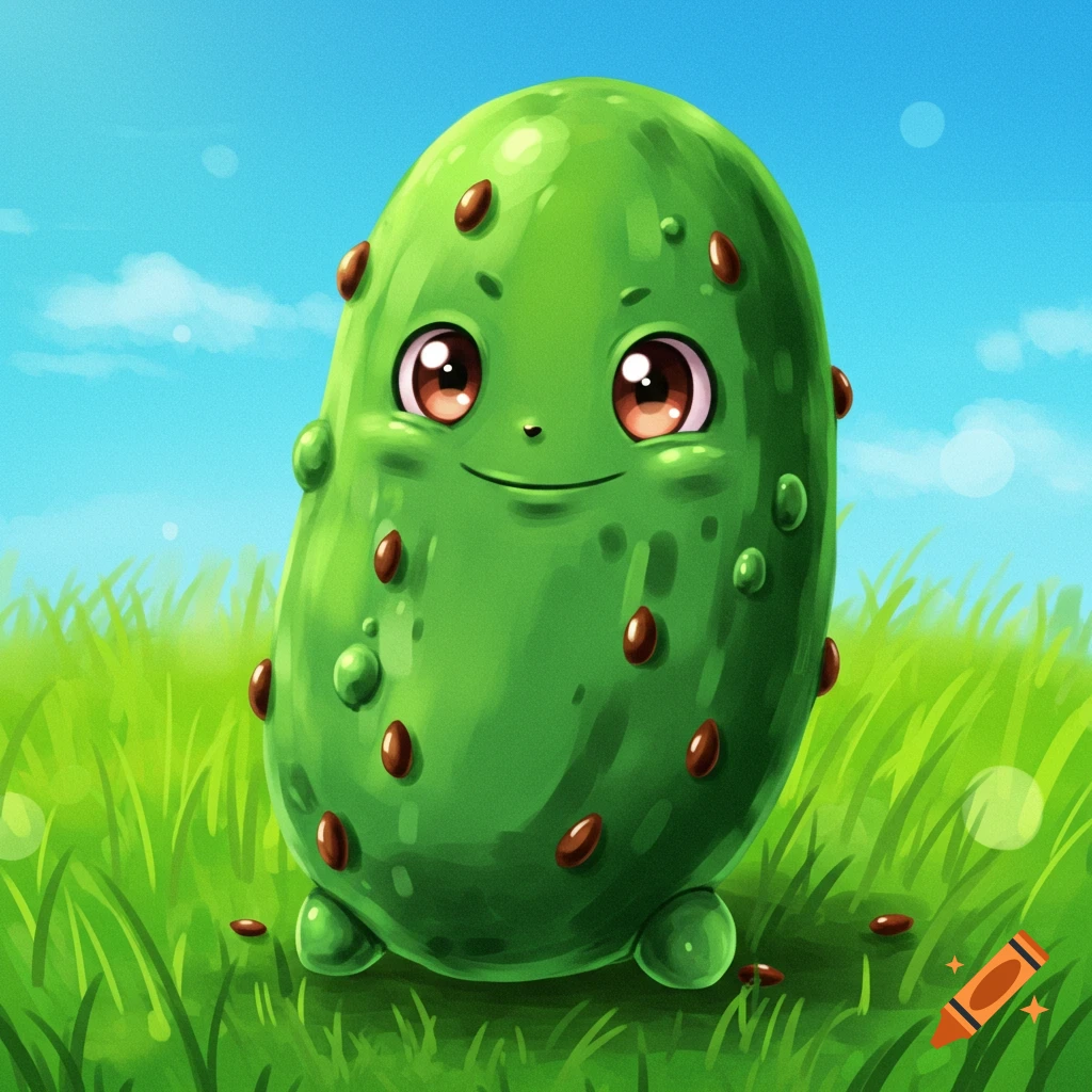 A cute cartoon pickle stands in grassy field under a blue sky, in a Pokemon style.