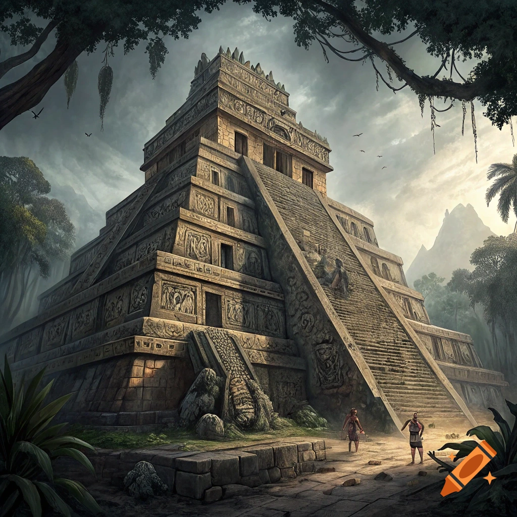 Large ancient Mayan temple in a jungle landscape with small figures climbing the stairs.