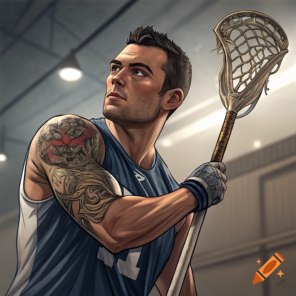 Graphic illustration of a man with a tattoo holding a lacrosse stick indoors.